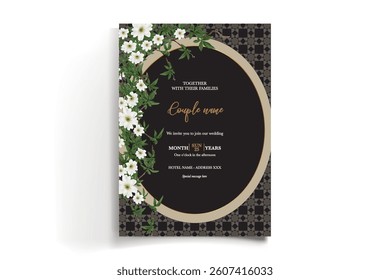 WEDDING INVITATION FRAME WITH FLOWER DECORATIONS AND FRESH LEAVES