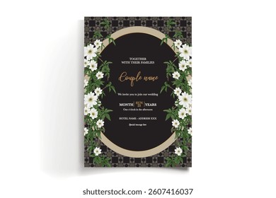 WEDDING INVITATION FRAME WITH FLOWER DECORATIONS AND FRESH LEAVES