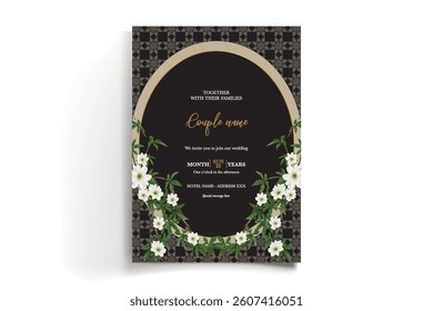 WEDDING INVITATION FRAME WITH FLOWER DECORATIONS AND FRESH LEAVES
