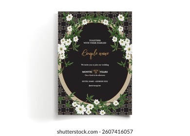 WEDDING INVITATION FRAME WITH FLOWER DECORATIONS AND FRESH LEAVES