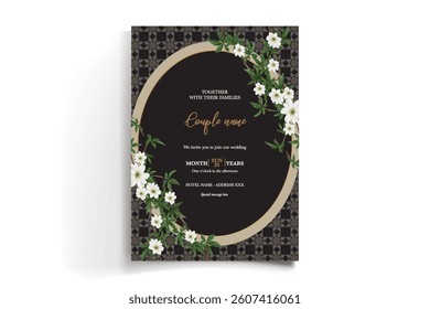 WEDDING INVITATION FRAME WITH FLOWER DECORATIONS AND FRESH LEAVES