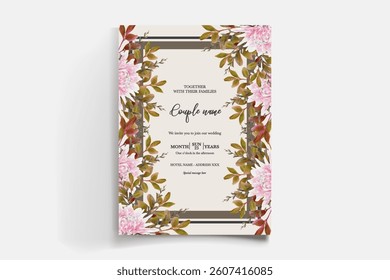 WEDDING INVITATION FRAME WITH FLOWER DECORATIONS AND FRESH LEAVES