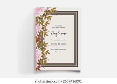 WEDDING INVITATION FRAME WITH FLOWER DECORATIONS AND FRESH LEAVES