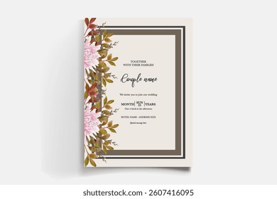 WEDDING INVITATION FRAME WITH FLOWER DECORATIONS AND FRESH LEAVES