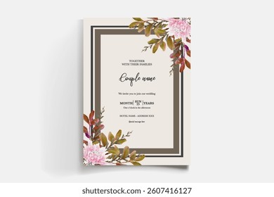 WEDDING INVITATION FRAME WITH FLOWER DECORATIONS AND FRESH LEAVES