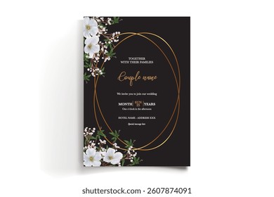 WEDDING INVITATION FRAME WITH FLOWER DECORATIONS AND FRESH LEAVES