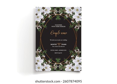 WEDDING INVITATION FRAME WITH FLOWER DECORATIONS AND FRESH LEAVES