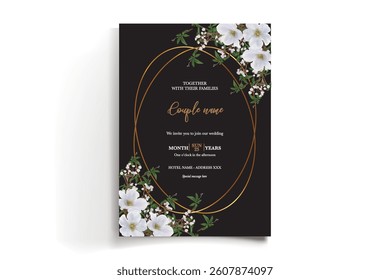 WEDDING INVITATION FRAME WITH FLOWER DECORATIONS AND FRESH LEAVES
