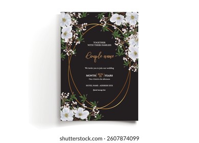 WEDDING INVITATION FRAME WITH FLOWER DECORATIONS AND FRESH LEAVES