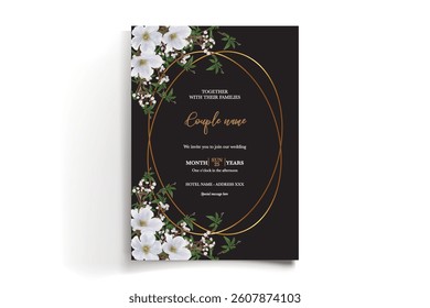 WEDDING INVITATION FRAME WITH FLOWER DECORATIONS AND FRESH LEAVES