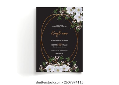 WEDDING INVITATION FRAME WITH FLOWER DECORATIONS AND FRESH LEAVES