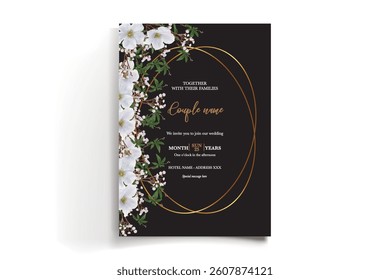 WEDDING INVITATION FRAME WITH FLOWER DECORATIONS AND FRESH LEAVES