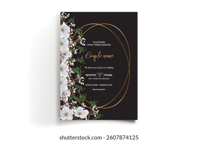 WEDDING INVITATION FRAME WITH FLOWER DECORATIONS AND FRESH LEAVES