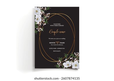 WEDDING INVITATION FRAME WITH FLOWER DECORATIONS AND FRESH LEAVES