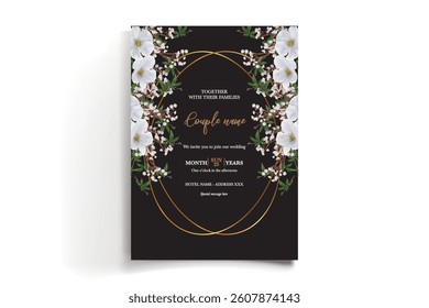 WEDDING INVITATION FRAME WITH FLOWER DECORATIONS AND FRESH LEAVES