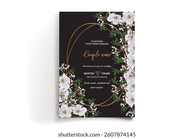 WEDDING INVITATION FRAME WITH FLOWER DECORATIONS AND FRESH LEAVES