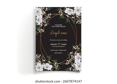 WEDDING INVITATION FRAME WITH FLOWER DECORATIONS AND FRESH LEAVES