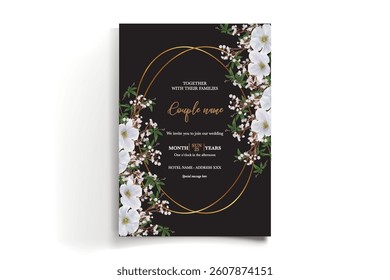 WEDDING INVITATION FRAME WITH FLOWER DECORATIONS AND FRESH LEAVES