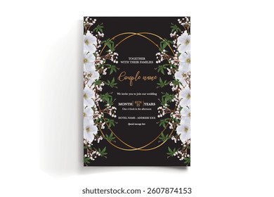 WEDDING INVITATION FRAME WITH FLOWER DECORATIONS AND FRESH LEAVES