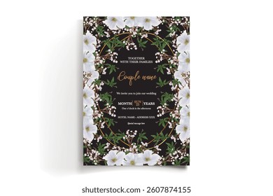 WEDDING INVITATION FRAME WITH FLOWER DECORATIONS AND FRESH LEAVES