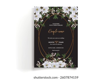 WEDDING INVITATION FRAME WITH FLOWER DECORATIONS AND FRESH LEAVES
