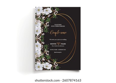 WEDDING INVITATION FRAME WITH FLOWER DECORATIONS AND FRESH LEAVES