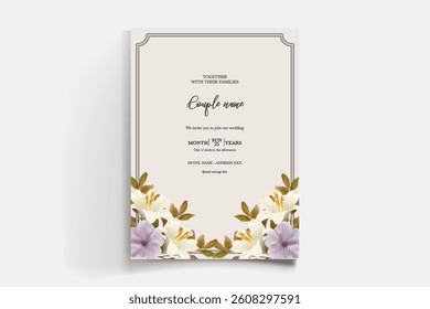 WEDDING INVITATION FRAME WITH FLOWER DECORATIONS AND FRESH LEAVES