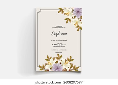 WEDDING INVITATION FRAME WITH FLOWER DECORATIONS AND FRESH LEAVES