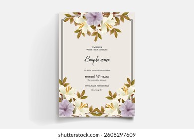 WEDDING INVITATION FRAME WITH FLOWER DECORATIONS AND FRESH LEAVES