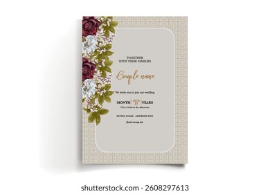 WEDDING INVITATION FRAME WITH FLOWER DECORATIONS AND FRESH LEAVES