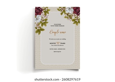 WEDDING INVITATION FRAME WITH FLOWER DECORATIONS AND FRESH LEAVES