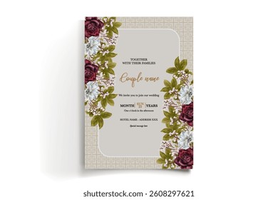WEDDING INVITATION FRAME WITH FLOWER DECORATIONS AND FRESH LEAVES