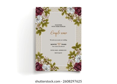 WEDDING INVITATION FRAME WITH FLOWER DECORATIONS AND FRESH LEAVES