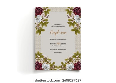 WEDDING INVITATION FRAME WITH FLOWER DECORATIONS AND FRESH LEAVES