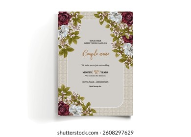 WEDDING INVITATION FRAME WITH FLOWER DECORATIONS AND FRESH LEAVES