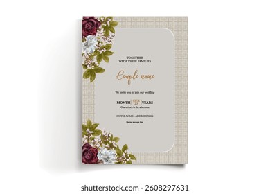 WEDDING INVITATION FRAME WITH FLOWER DECORATIONS AND FRESH LEAVES