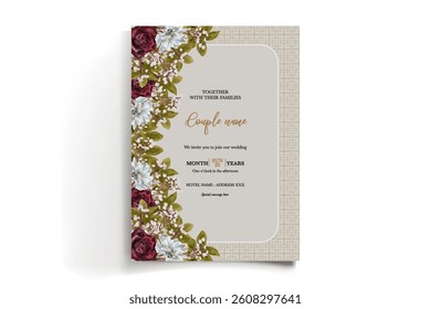 WEDDING INVITATION FRAME WITH FLOWER DECORATIONS AND FRESH LEAVES