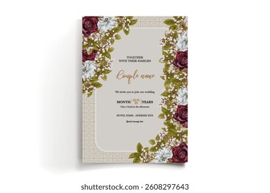 WEDDING INVITATION FRAME WITH FLOWER DECORATIONS AND FRESH LEAVES