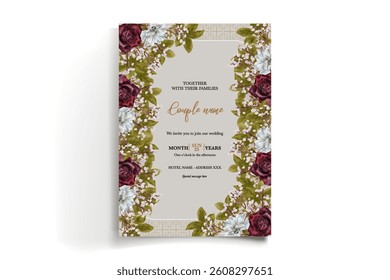 WEDDING INVITATION FRAME WITH FLOWER DECORATIONS AND FRESH LEAVES