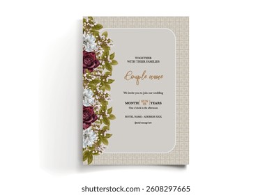 WEDDING INVITATION FRAME WITH FLOWER DECORATIONS AND FRESH LEAVES