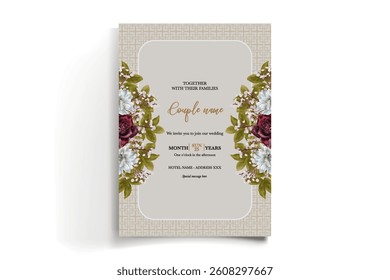 WEDDING INVITATION FRAME WITH FLOWER DECORATIONS AND FRESH LEAVES