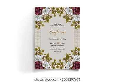WEDDING INVITATION FRAME WITH FLOWER DECORATIONS AND FRESH LEAVES