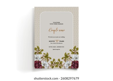 WEDDING INVITATION FRAME WITH FLOWER DECORATIONS AND FRESH LEAVES