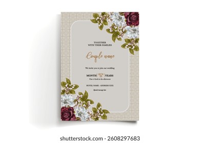WEDDING INVITATION FRAME WITH FLOWER DECORATIONS AND FRESH LEAVES
