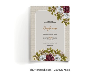 WEDDING INVITATION FRAME WITH FLOWER DECORATIONS AND FRESH LEAVES