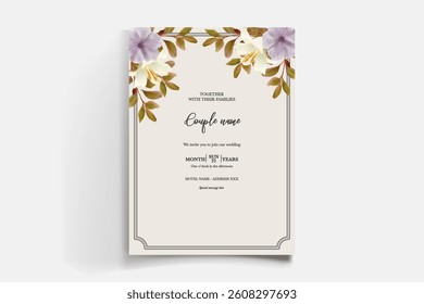 WEDDING INVITATION FRAME WITH FLOWER DECORATIONS AND FRESH LEAVES