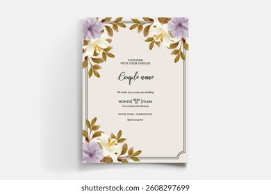 WEDDING INVITATION FRAME WITH FLOWER DECORATIONS AND FRESH LEAVES