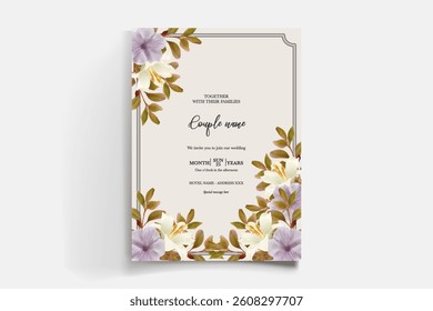 WEDDING INVITATION FRAME WITH FLOWER DECORATIONS AND FRESH LEAVES