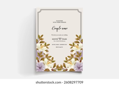 WEDDING INVITATION FRAME WITH FLOWER DECORATIONS AND FRESH LEAVES