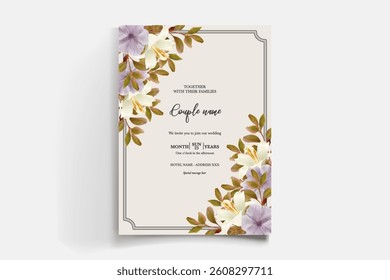 WEDDING INVITATION FRAME WITH FLOWER DECORATIONS AND FRESH LEAVES